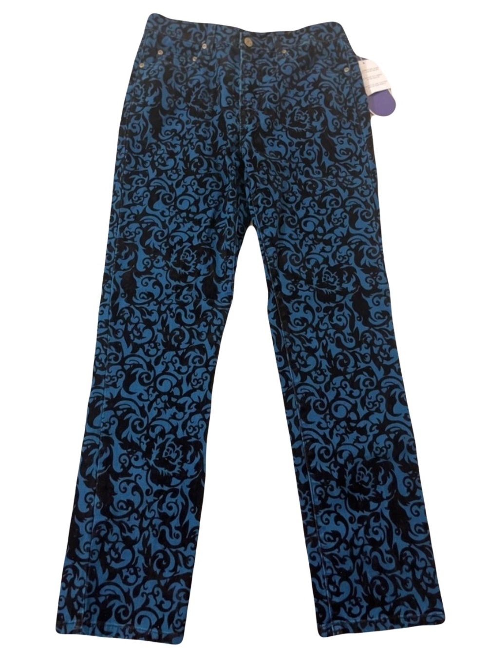 Diane Gilman Jeans - Women's 8 Blue Black - Floral Velvet Burnout Five Pocke
